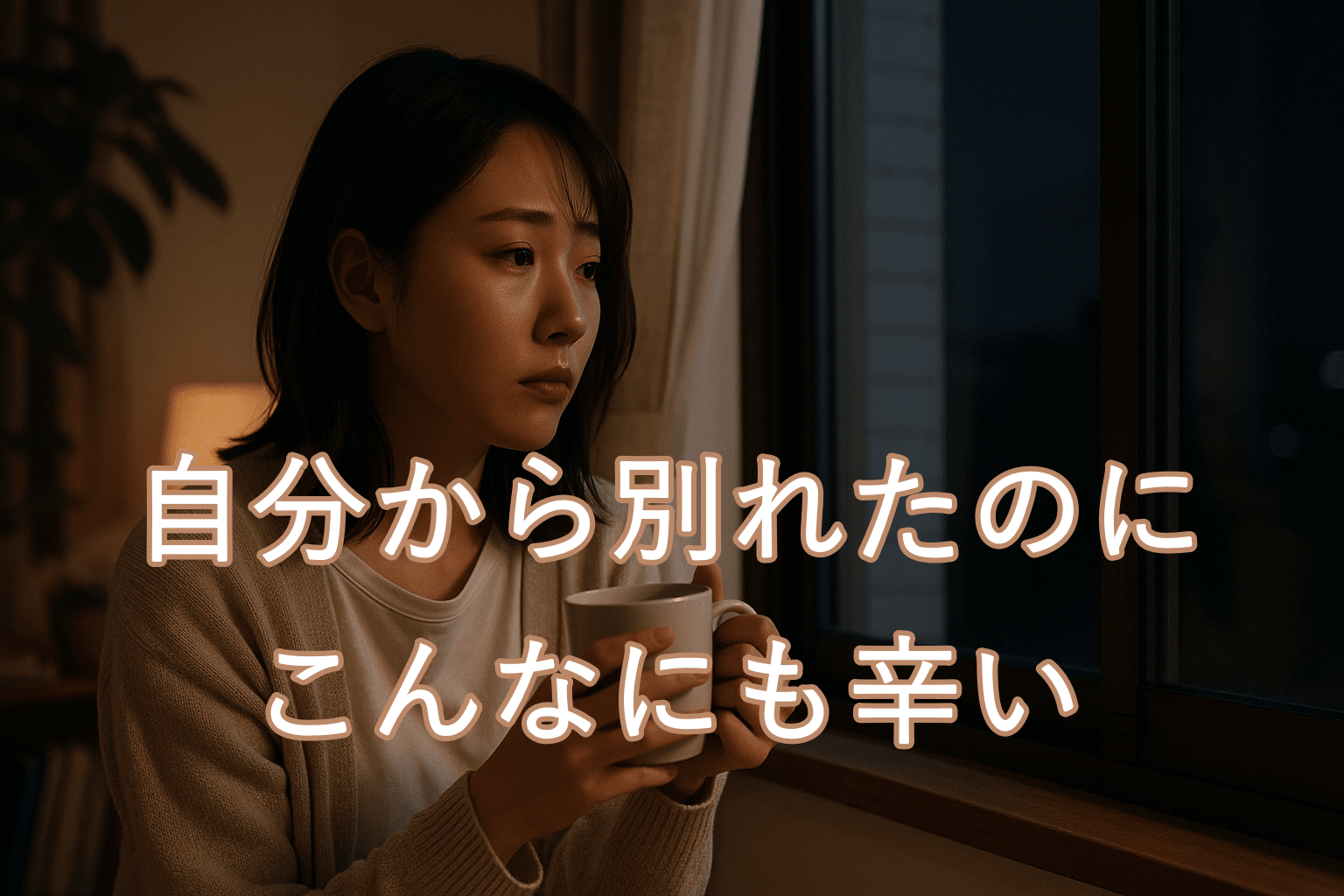 夜、自宅の窓辺でマグカップを手に外を見つめる20代の日本人女性。切なさ・孤独・後悔の表情。