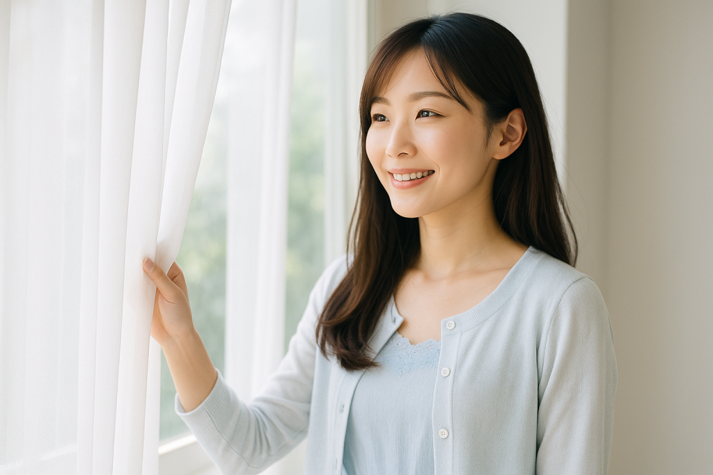 朝の自然光が差し込む窓辺でカーテンを開けながら微笑む20代の日本人女性。白と淡いブルーの春コーデを着こなし、前向きな希望とやさしい決意が感じられる。