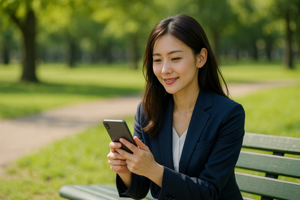 公園のベンチでスマホを見つめながら微笑む紺色スーツの女性。希望と落ち着きがにじむ表情