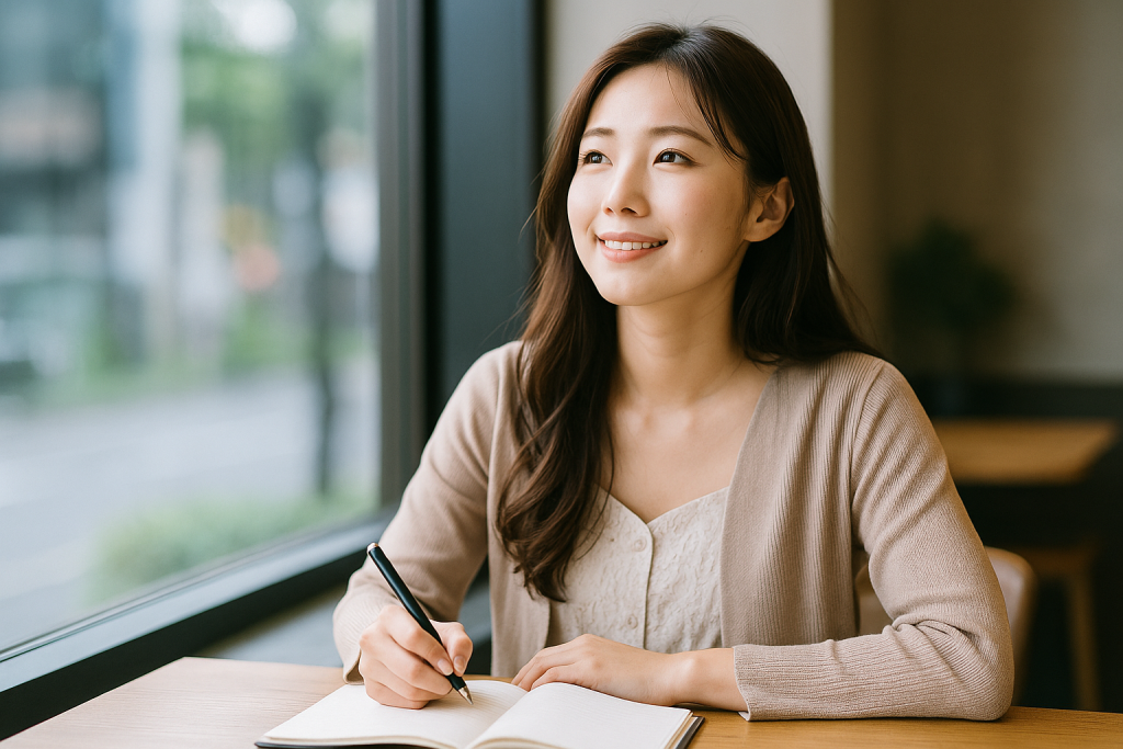 カフェの窓際でノートに何かを書きながら上を見上げる20代の日本人女性。ベージュのカーディガンとレースのワンピースを着た姿に、自分磨きへの意欲と前向きな気持ちが表れている。