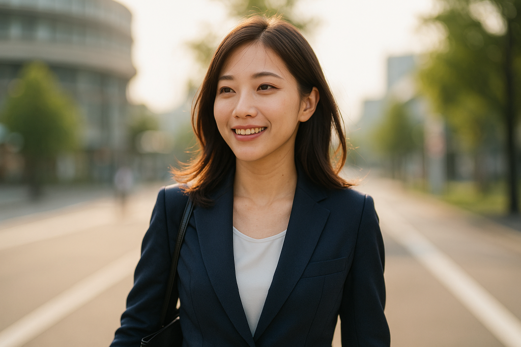 朝の駅前を歩く紺色スーツの女性。やさしい表情には、再出発への決意と受容の心がにじんでいる