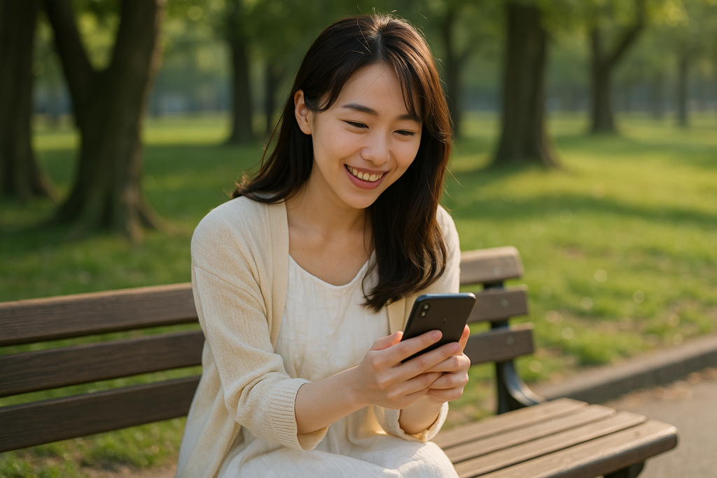 春の日差しが差し込む公園のベンチで、スマホを見つめながら笑顔を浮かべる20代の日本人女性。白いワンピースにベージュのカーディガンを羽織り、木々の緑に囲まれた穏やかな風景が広がっている。驚きと希望が入り混じった表情が印象的なシーン。