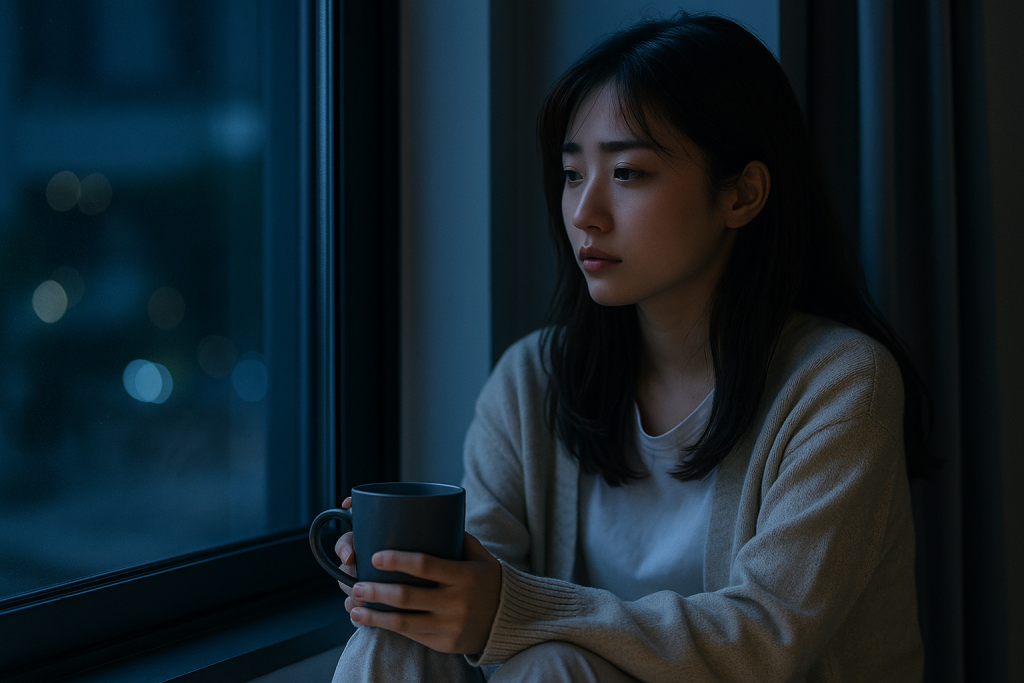 夜の部屋で窓辺に座り、外を見つめてマグカップを手にする20代の日本人女性。切なさと孤独がにじむ表情、部屋着姿。