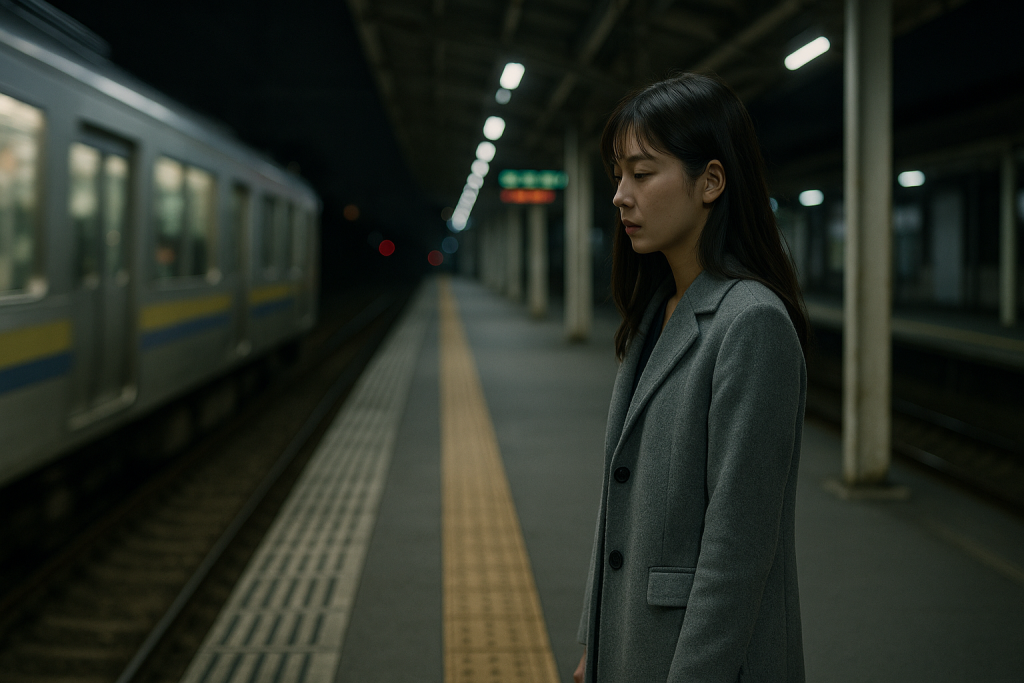 夜の駅のホームで立ち尽くす日本人女性。グレーのロングコートを着て、電車が遠ざかる様子を見送りながら切なさと虚しさを感じている。