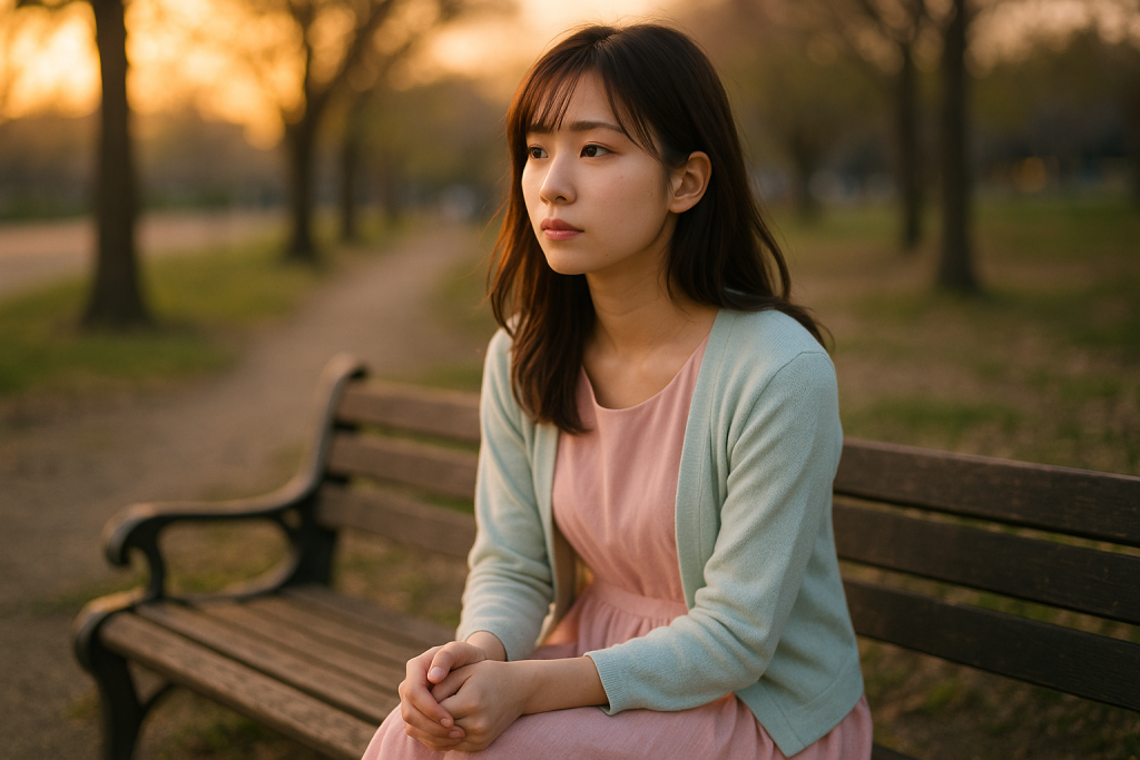 夕暮れの公園でベンチに座り、遠くを見つめる20代の日本人女性。パステルカラーのワンピースとカーディガン姿で、切なさと静かな希望を感じさせる表情をしている。