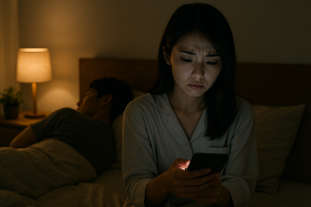 夜の寝室、スマホを見つめ悩む女性と、背を向けて寝ている彼氏