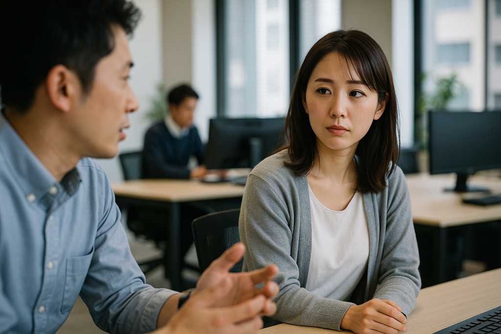 オフィスで同僚男性の話を聞きながら、戸惑いと寂しさを感じている日本人女性