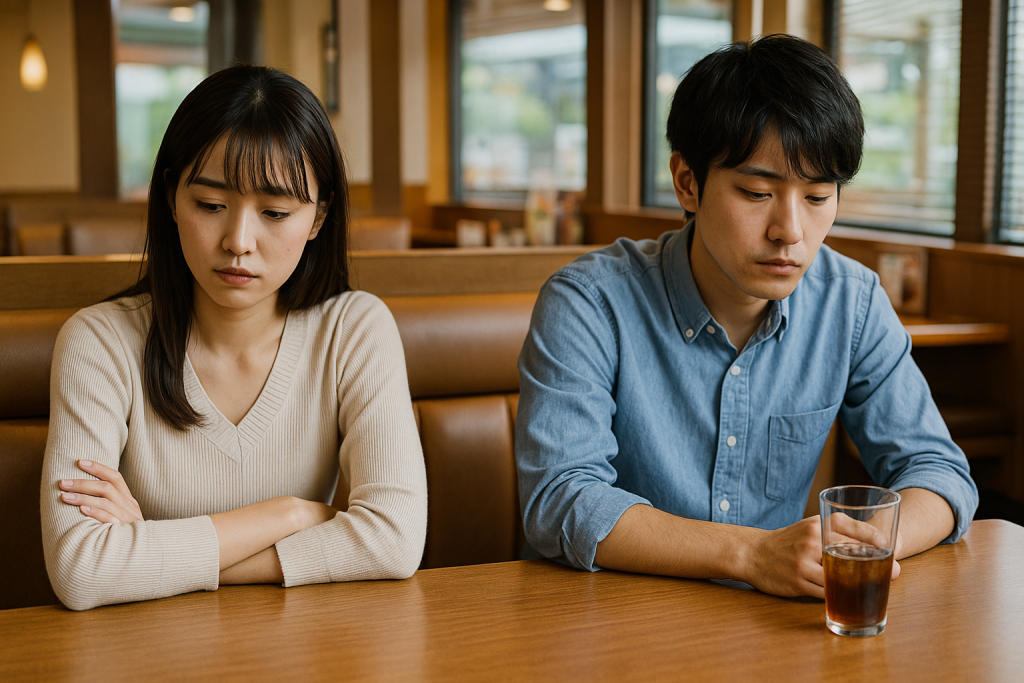 ファミレスのボックス席で会話が続かず、距離を感じるカップル