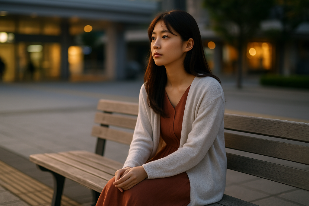 夕方の駅前のベンチで、遠くを見つめる20代日本人女性。寂しさと少し前向きな気持ち。