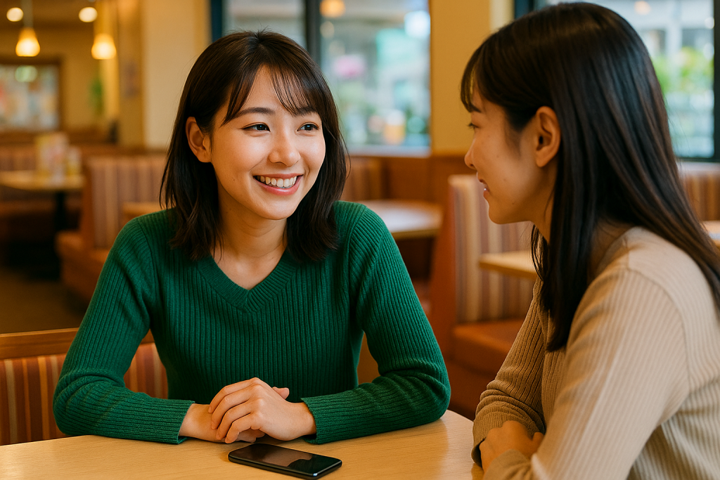 ファミレスでグリーンのニットを着た女性が友人と談笑し、机にスマホを置きながら前向きな表情を見せている様子