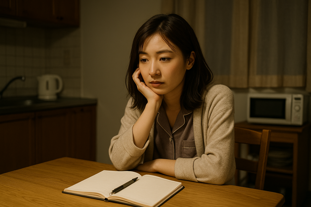 築20年のアパートのキッチンでノートを見つめ、静かに考え込む日本人女性