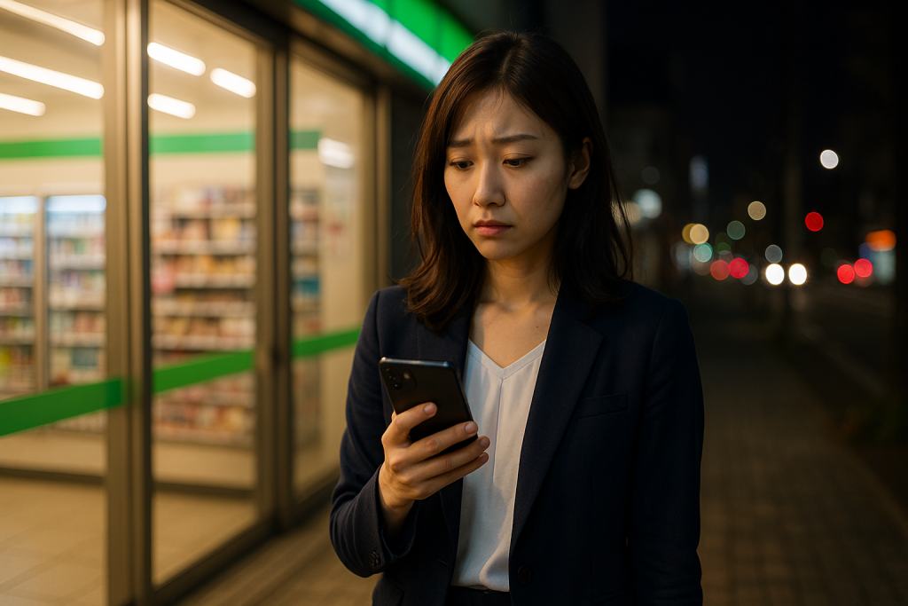 夜のコンビニ前で立ち止まり、スマホを見つめるオフィスカジュアル姿の日本人女性。切なさとひとりぼっち感が伝わる表情。