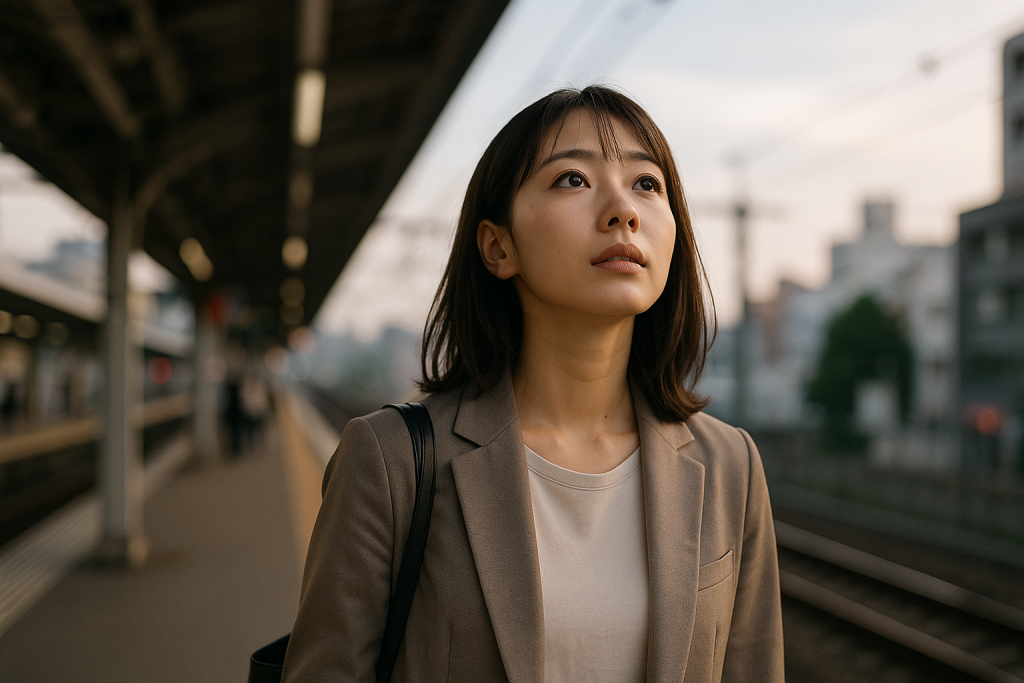 駅のホームで空を見上げて立ち止まる女性。オフィスカジュアルで、表情には迷いと静かな決意が浮かんでいる

