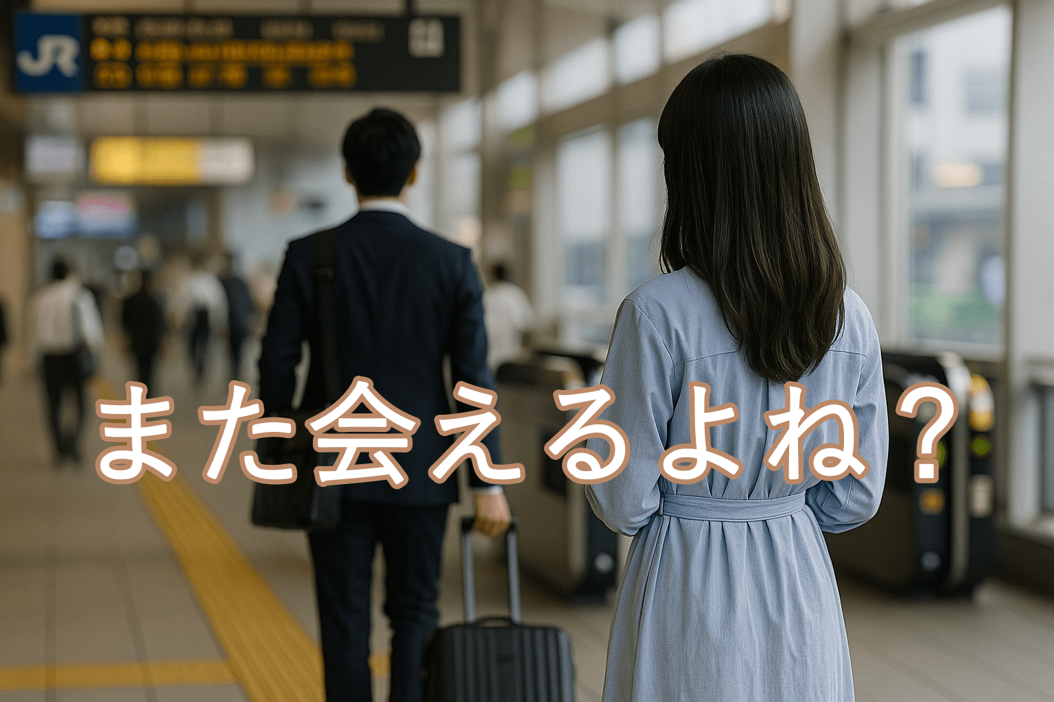 駅の改札口で彼氏の背中を見送るシャツワンピースの日本人女性の後ろ姿