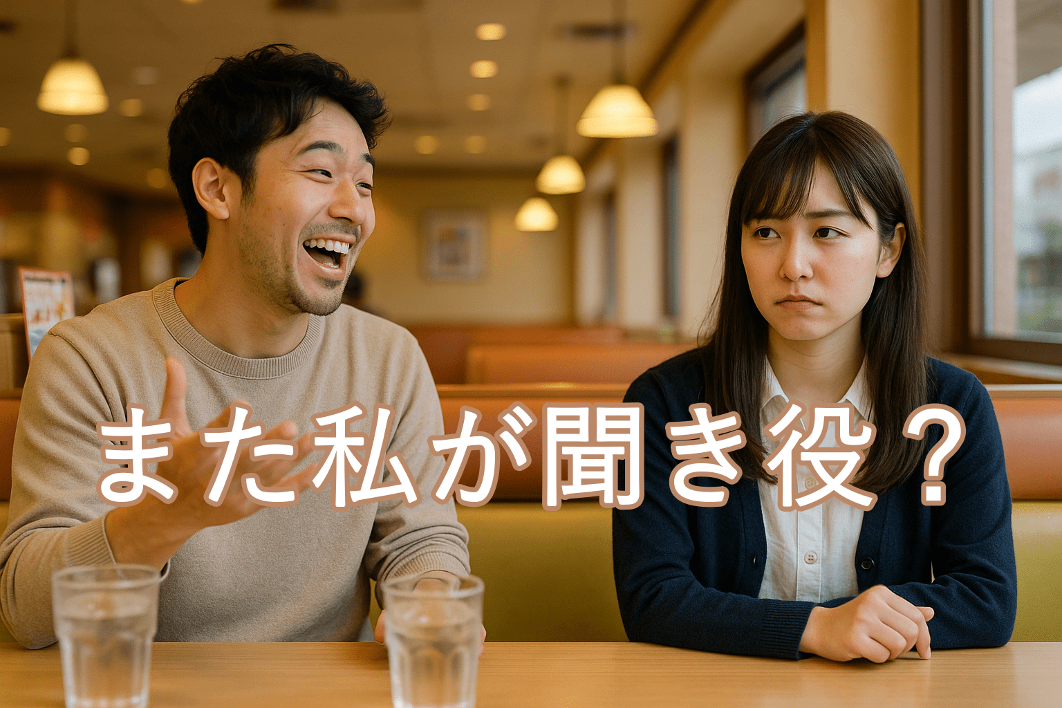 ファミレスで男性の会話に無表情な女性、日本人カップルの温度差シーン