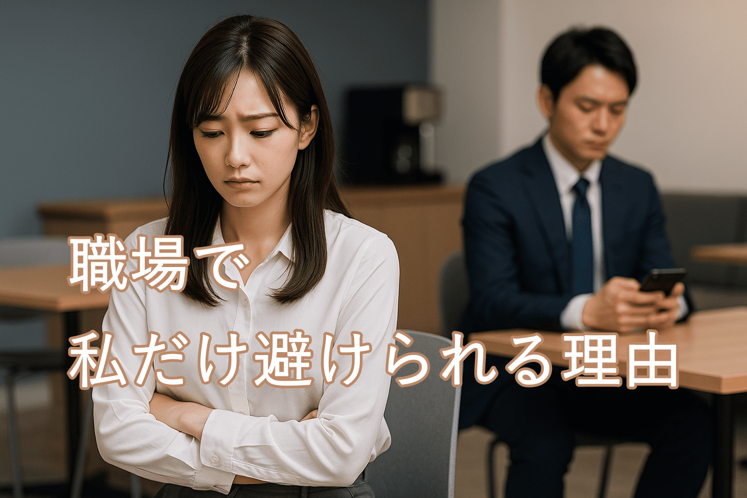 オフィスで急に冷たくされ困惑する女性と、距離を置く男性