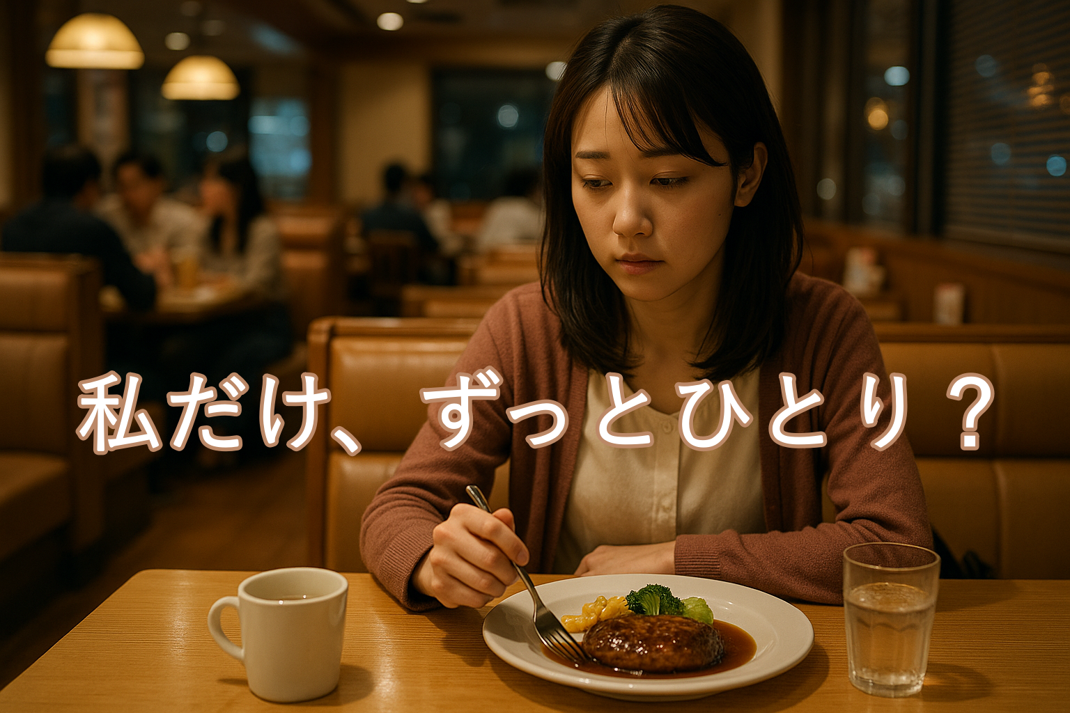 ココス風レストランで一人食事をする30代女性。周りの家族連れやカップルを気にしながら、少し寂しげに食事を見つめている。