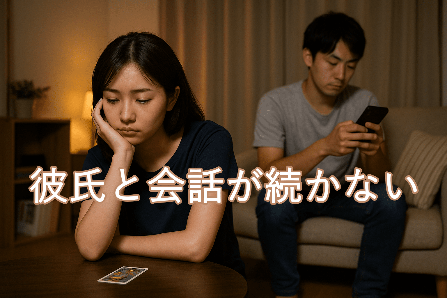 暗い部屋で、テーブルにうつむき寂しそうな表情を浮かべる女性。前にはタロットカード。後ろのソファにはスマホを見つめる男性。ふたりの間に距離と沈黙が流れている。