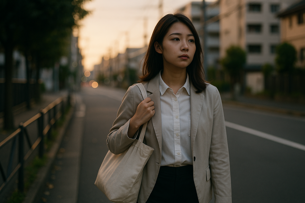 夕暮れの街を前向きな気持ちで歩く女性。決意と少しの寂しさが表情ににじむ