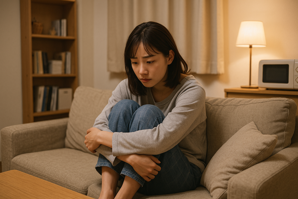 生活感のあるリビングで孤独や不安を感じてうずくまる20代日本人女性