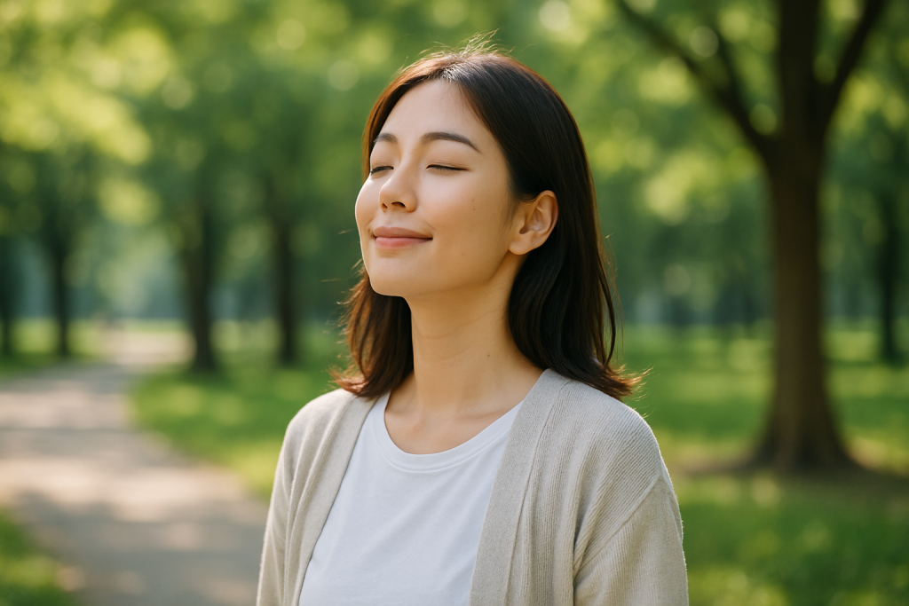 公園で目を閉じて穏やかに微笑み、未来への希望を感じて深呼吸する女性
