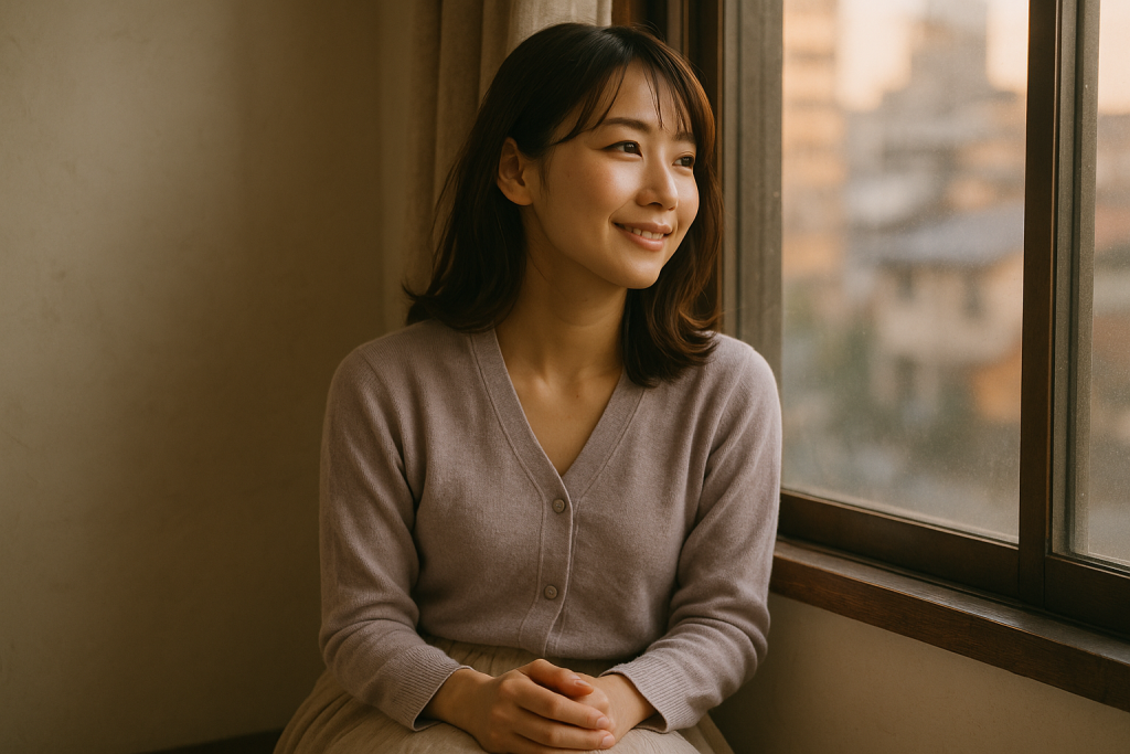 夕暮れの窓辺で優しくほほえむ女性。柔らかなカーディガンとロングスカート姿で、安堵と希望がにじむ表情