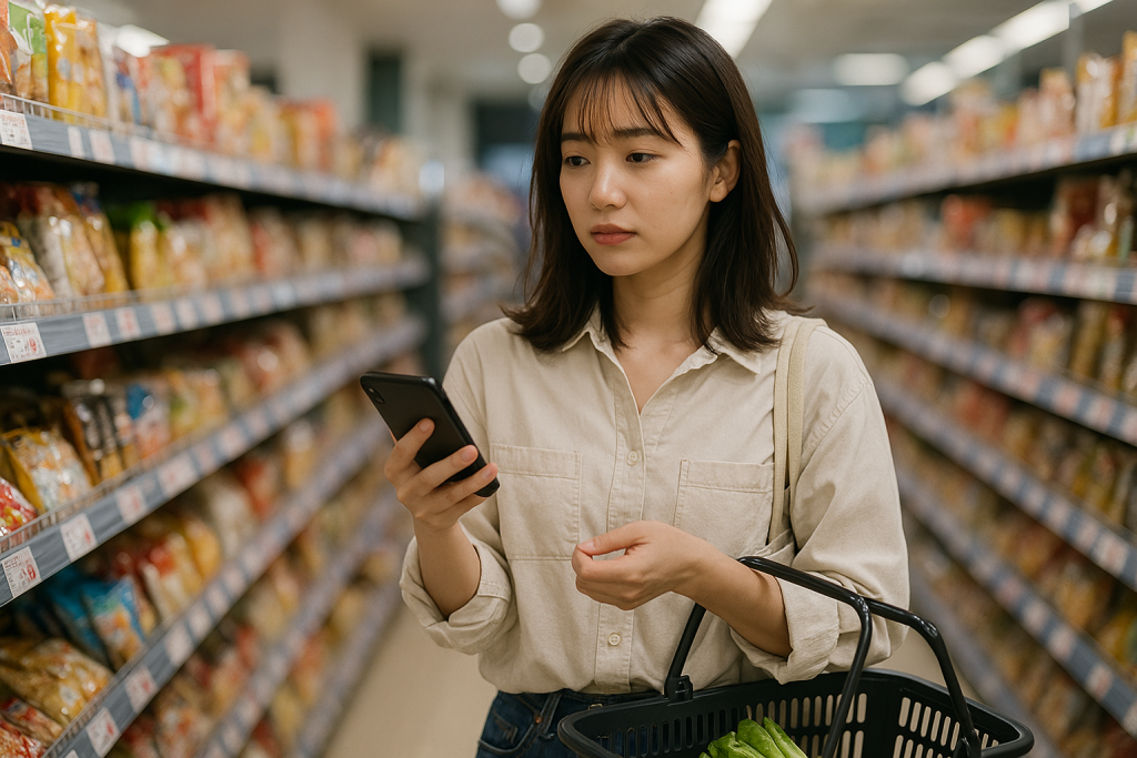 スーパーの棚の前で、スマホを見ながら考えごとをしているカジュアルな私服の若い女性。