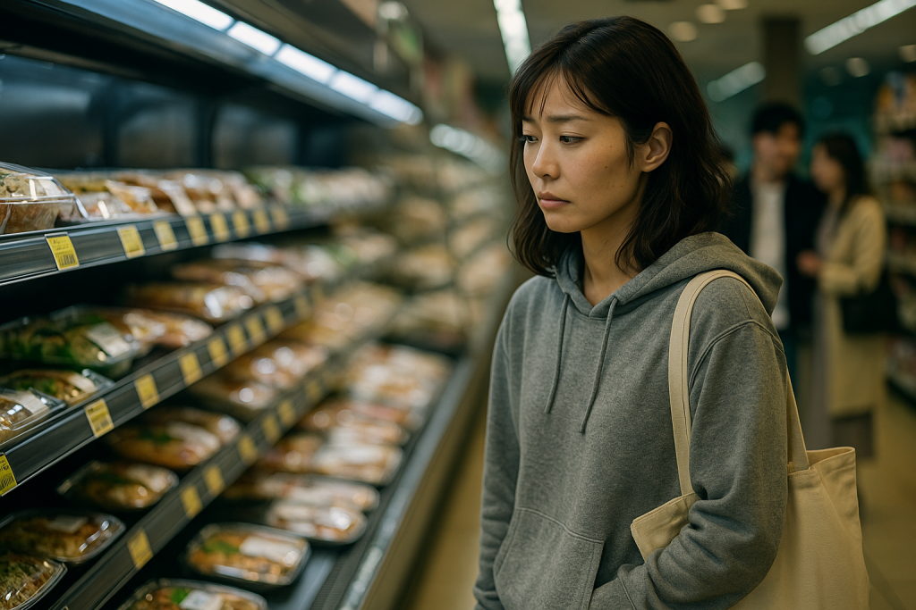 夜のスーパーでお惣菜を見つめ、物思いにふける30代女性。後ろにカップルの姿がぼんやりと見える。パーカーとジーンズ姿。