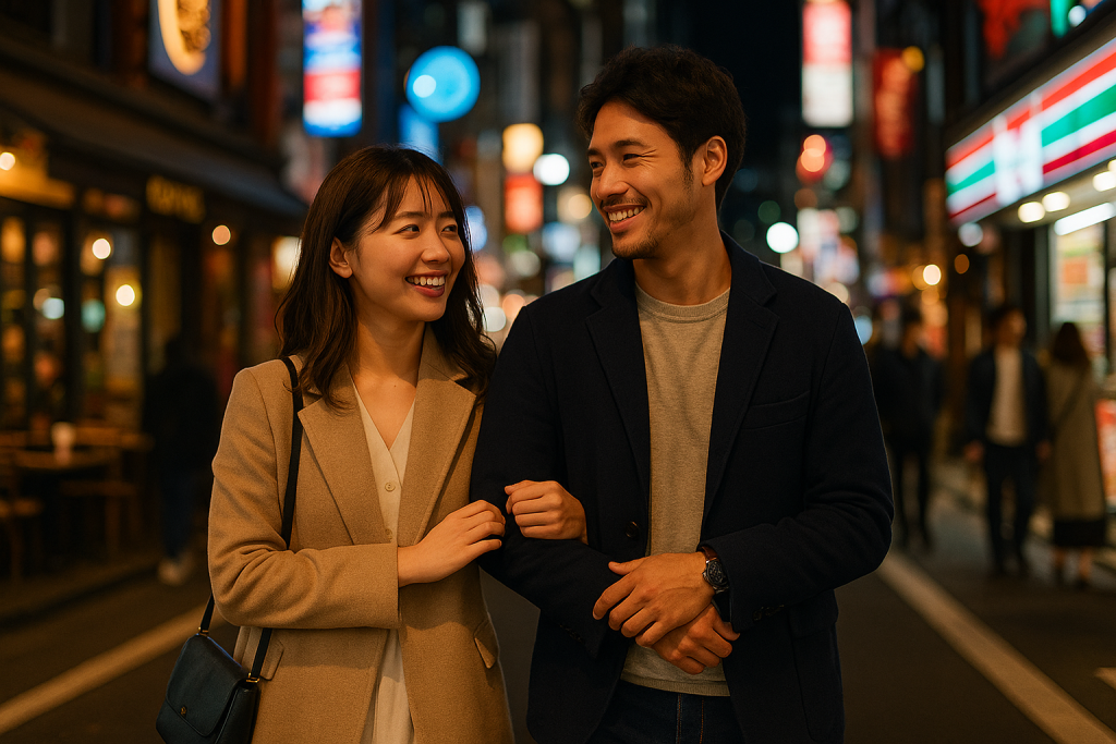 夜の繁華街で腕を組み、笑顔で歩く30代カップル。ネオンの明かりと賑やかな街並みが背景。