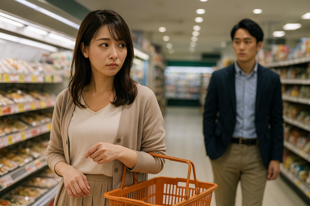 スーパーの惣菜コーナーで、カゴを持つ女性と少し離れた場所にいる男性が視線を交わす。お互いに距離感とモヤモヤした雰囲気。