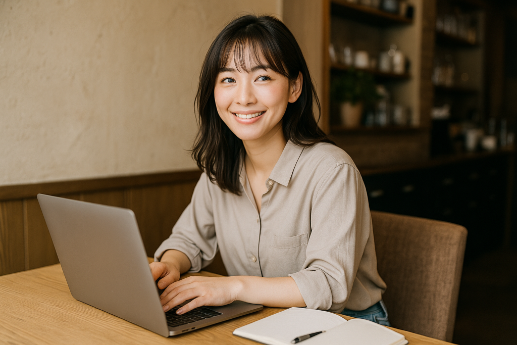 カフェでノートPCと手帳を広げ、前向きな笑顔を見せる女性。新しい一歩を踏み出す希望が感じられる表情