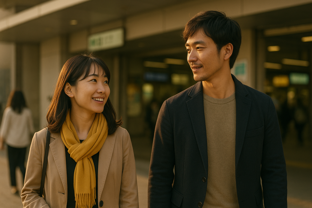 夕方の駅前、女性と男性が自然に並んで歩きながら前向きな表情を見せている。小さな幸福感と新しい一歩が感じられる雰囲気。

