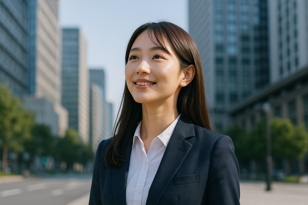 朝のオフィス街で空を見上げ、穏やかに微笑む20代日本人女性