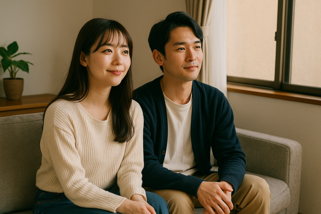 リビングで並んで座り、未来を見つめて微笑む20代カップル