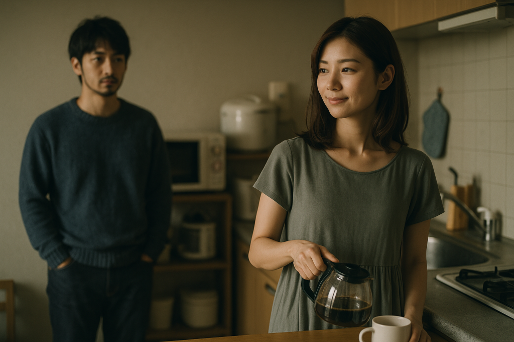 アパートのキッチンでコーヒーを淹れる女性と、距離を置いて見守る彼氏