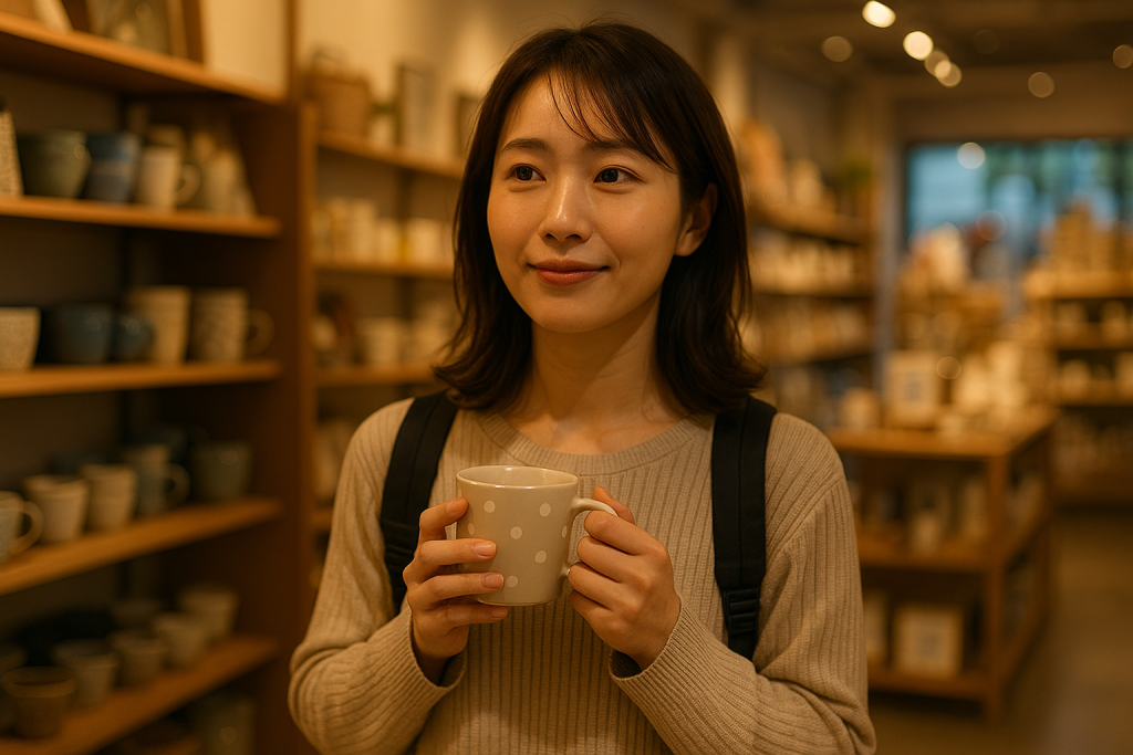 夕方の雑貨屋でマグカップを手に取り、やさしく微笑む30代女性。リブニットとリュックのナチュラルな私服。