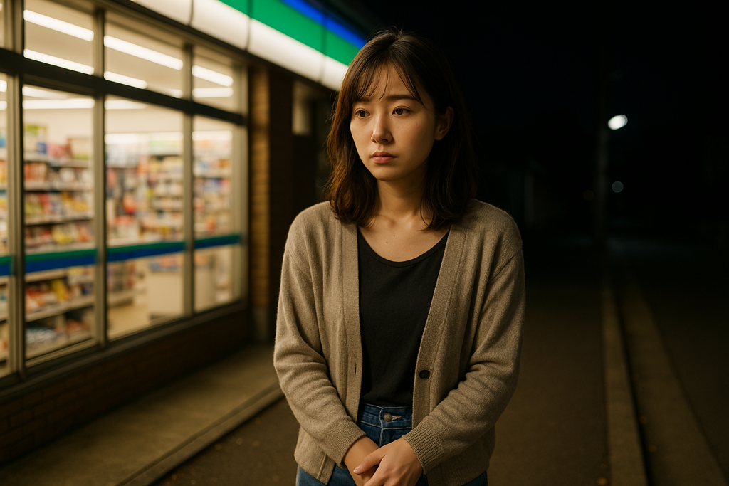 夜のコンビニ前で戸惑い・寂しさを感じながらたたずむ20代日本人女性