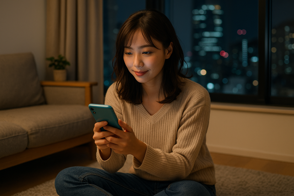 夜の自宅リビングで、リラックスした私服の女性がスマホを見つめ、窓の外には夜景が広がっている。期待と緊張が混じった表情。