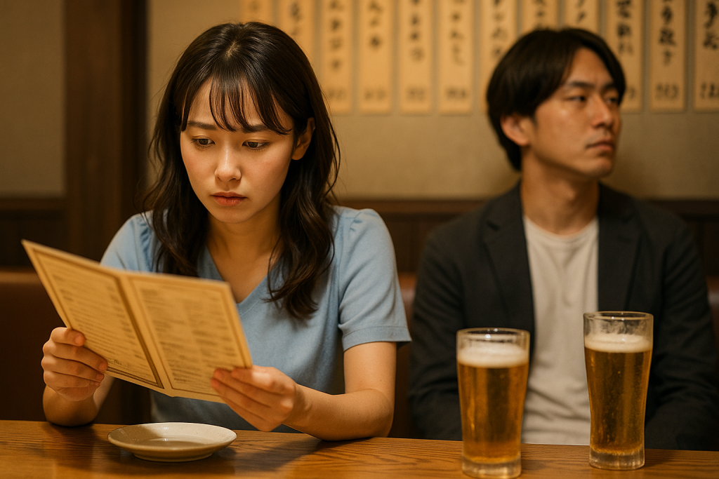 居酒屋のテーブル席で、悩みながらメニューを見つめる女性と、壁を見つめる彼氏