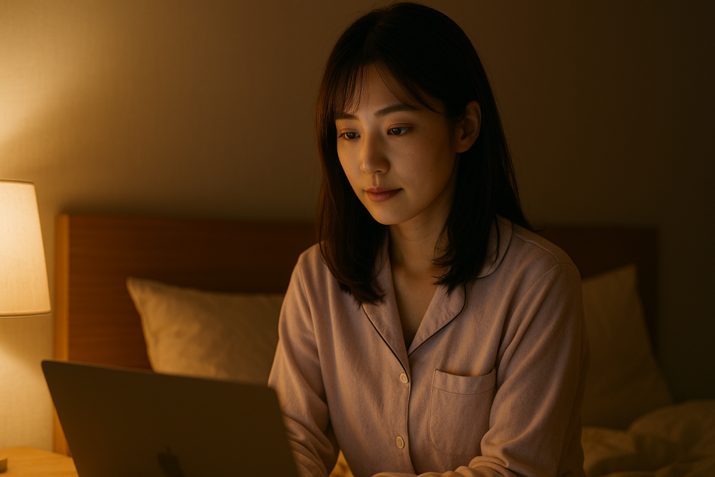 パジャマ姿でベッドに座り、やさしい照明のもとノートパソコンに安心感と期待を込めて向き合う女性