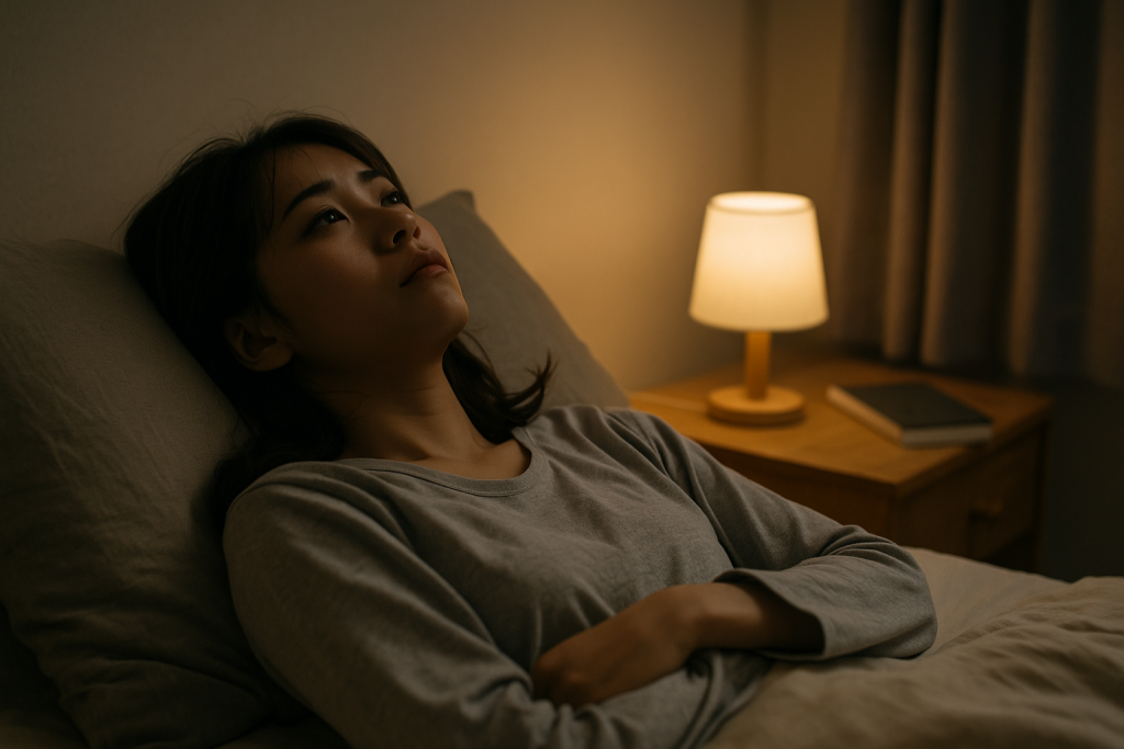 夜の寝室で、ベッドに横になり天井を見つめてため息をつくパジャマ姿の女性。不安と孤独の表情。