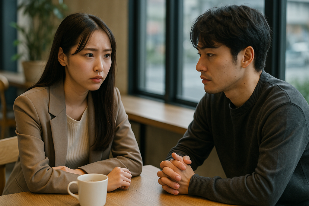 カフェで真剣な表情で向き合うカップル、女性が男性の言葉を聞いている