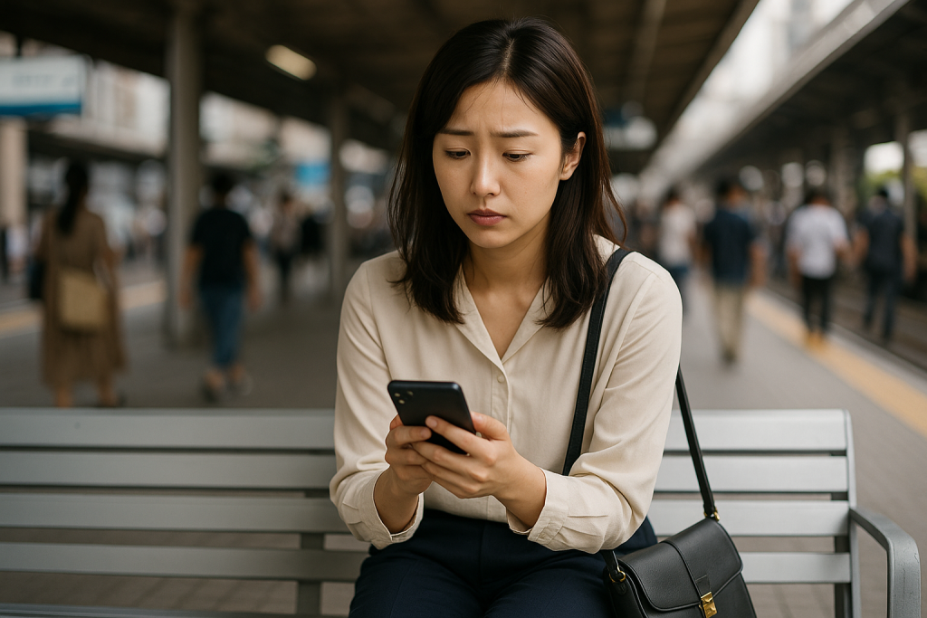 駅前のベンチでスマホを見つめ、少し迷いの表情を浮かべる30代女性。オフィスカジュアルの服装で周囲に人の流れ。