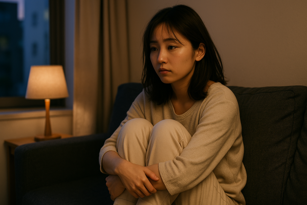夕暮れの部屋で、膝を抱えて考えごとをする20代女性