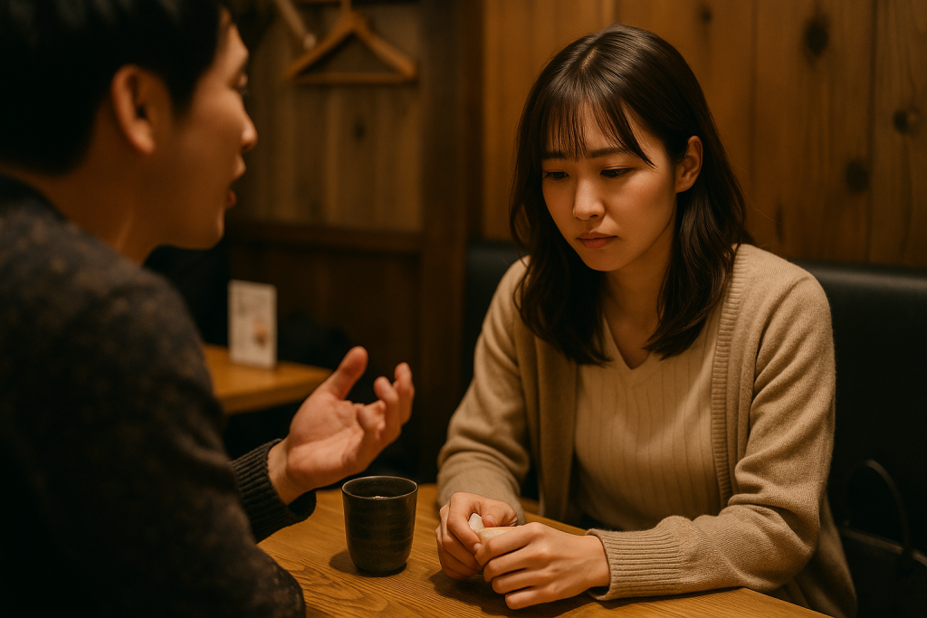 居酒屋で男性の話を聞きながら、孤独や虚しさを感じている日本人女性
