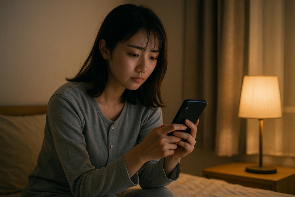 夜の寝室で、パジャマ姿の女性がスマホを見つめて切なそうに座っている