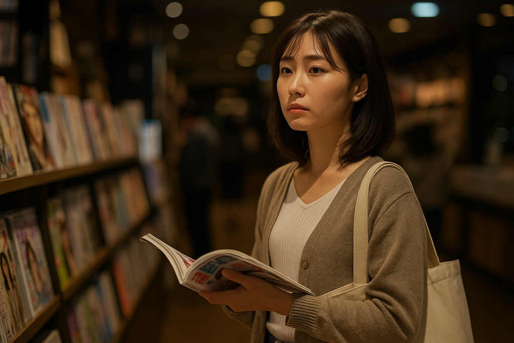 夜の本屋で雑誌を手に寂しそうに遠くを見る30代女性。カーディガンにロングスカート、トートバッグの私服姿。