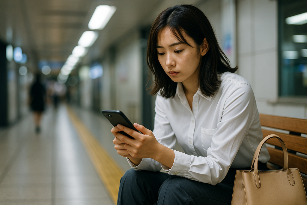 駅構内のベンチでスマホを見つめ、悩みと小さな希望を感じる20代日本人女性