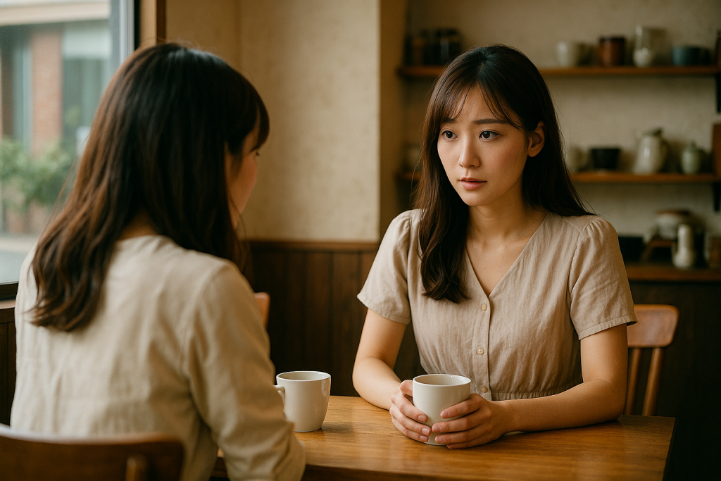 カフェで友人と向き合い、少し前向きな相談をする20代日本人女性