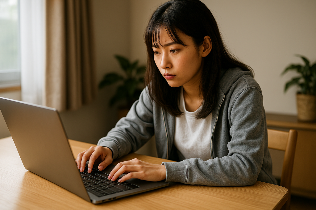 日中の自宅アパートでノートパソコンを前に真剣な表情で文章を考える20代日本人女性。慎重なまなざし。